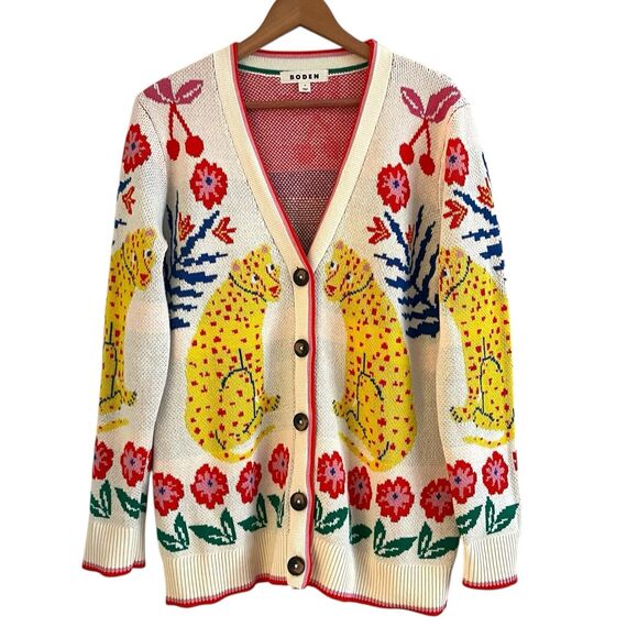 Boden Boyfriend Cardigan M Chunky Oversized Floral Cheetah Leopard Cat Print - Picture 2 of 10